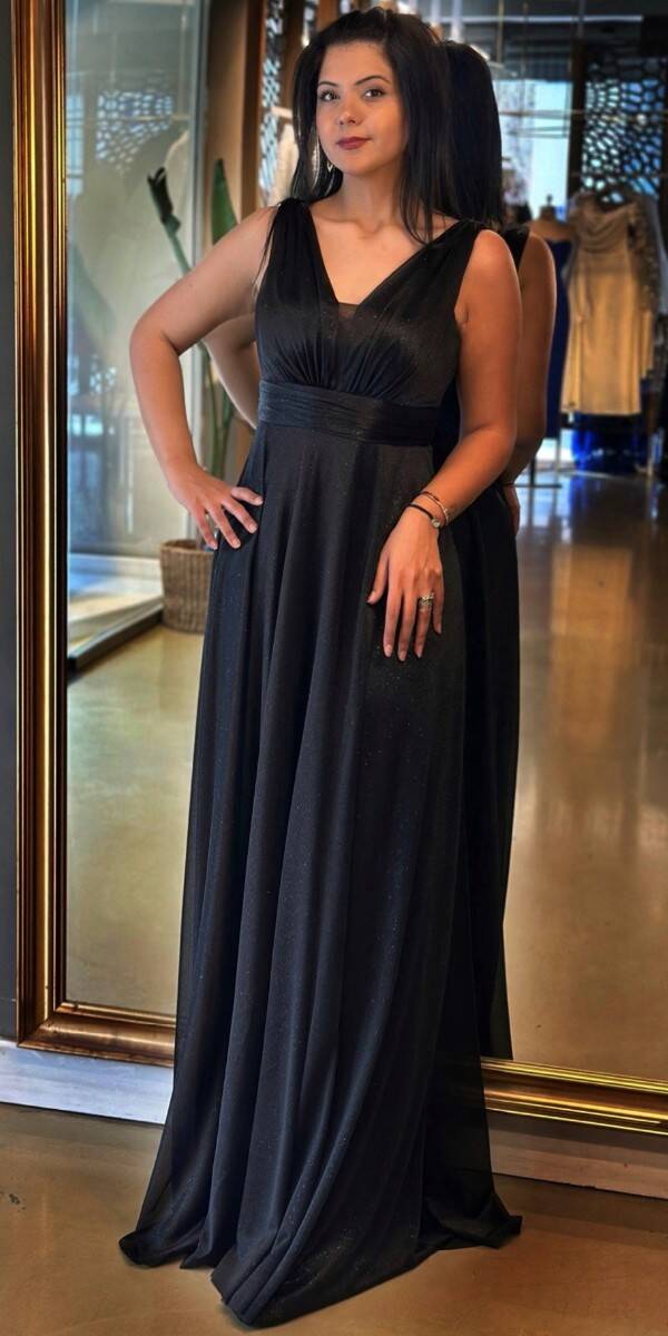 Siyah Kalın Askı Yırtmaçlı Kloş Etekli Simli Uzun Abiye Elbise 7205 - 1