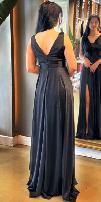 Siyah Kalın Askı Yırtmaçlı Kloş Etekli Simli Uzun Abiye Elbise 7205 - 4