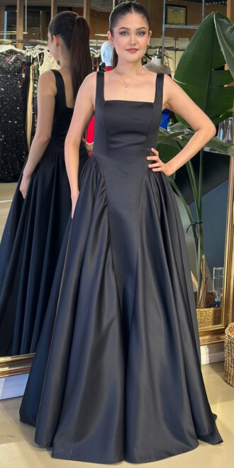 Siyah Kare Yaka Kalın Askı Kloş Etekli Tafta Uzun Abiye Elbise 11136-04 - abiyeniall