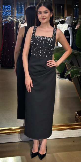 Siyah Kare Yaka Kalın Askı Taş Detaylı Yırtmaçlı Düz Kesim Krep Midi Abiye Elbise 11158-01 - abiyeniall