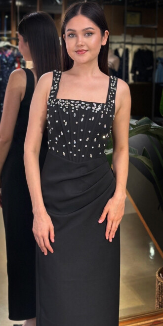 Siyah Kare Yaka Kalın Askı Taş Detaylı Yırtmaçlı Düz Kesim Krep Midi Abiye Elbise 11158-01 - 3