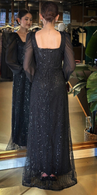 Siyah Kare Yaka Uzun Kollu Düz Kesim Pullu Boncuklu Uzun Abiye Elbise 11135-01 - 5