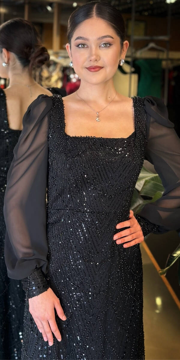 Siyah Kare Yaka Uzun Kollu Düz Kesim Pullu Boncuklu Uzun Abiye Elbise 11135-01 - 3