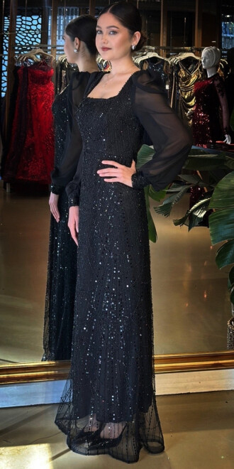 Siyah Kare Yaka Uzun Kollu Düz Kesim Pullu Boncuklu Uzun Abiye Elbise 11135-01 - 2