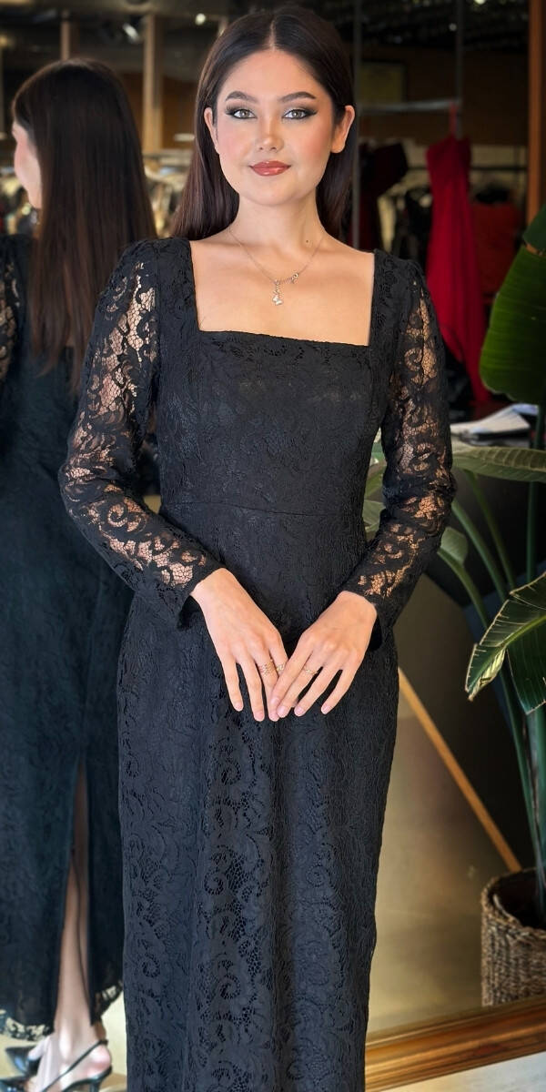 Siyah Kare Yaka Uzun Kollu Yırtmaçlı Düz Kesim Dantel Midi Abiye Elbise 11122-02 - 3