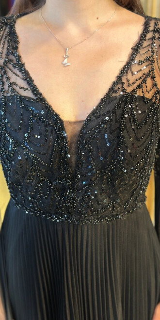 Siyah Kısa Kollu Tül Detaylı V Yaka Düz Kesim Tül Uzun Abiye Elbise 7761 - 4