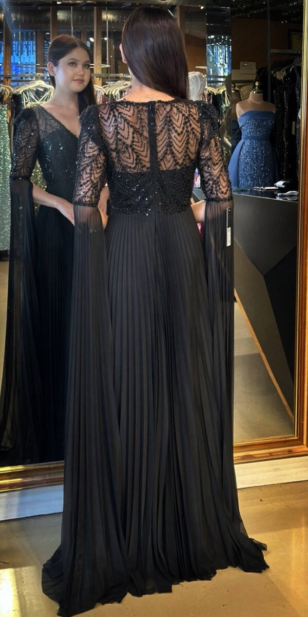 Siyah Kısa Kollu Tül Detaylı V Yaka Düz Kesim Tül Uzun Abiye Elbise 7761 - 5