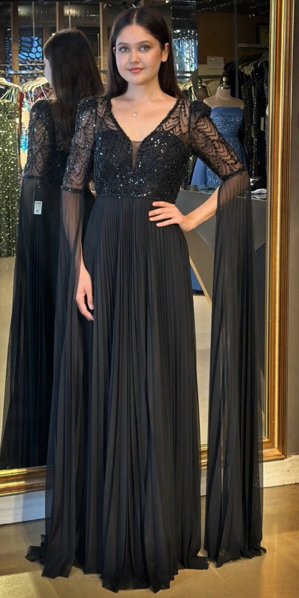 Siyah Kısa Kollu Tül Detaylı V Yaka Düz Kesim Tül Uzun Abiye Elbise 7761 - 1