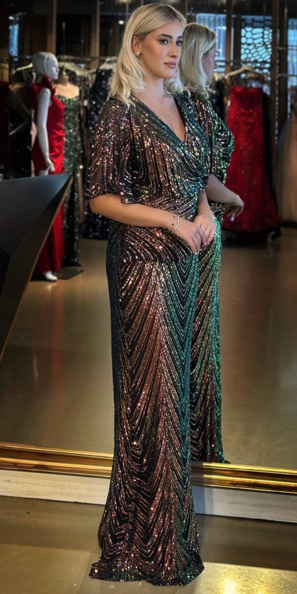 Siyah Kısa Kollu V Yaka Düz Kesim Payet Uzun Abiye Elbise 7775 - 2