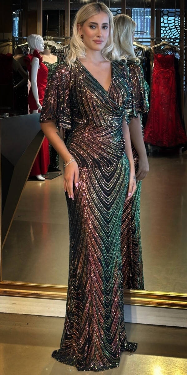 Siyah Kısa Kollu V Yaka Düz Kesim Payet Uzun Abiye Elbise 7775 - 1