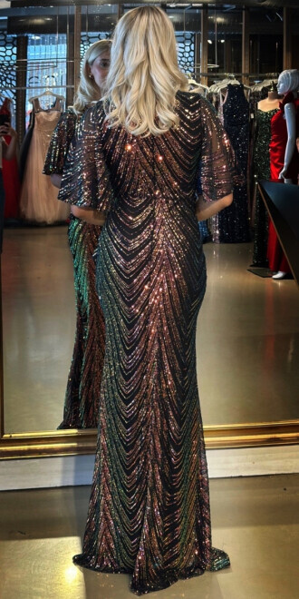 Siyah Kısa Kollu V Yaka Düz Kesim Payet Uzun Abiye Elbise 7775 - 5