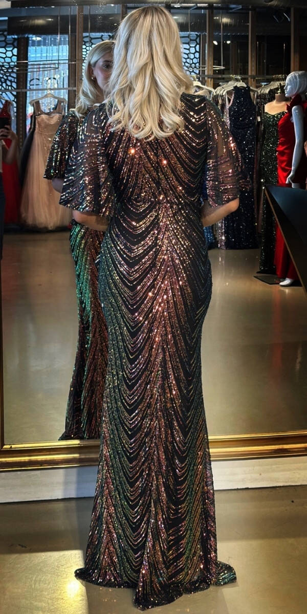 Siyah Kısa Kollu V Yaka Düz Kesim Payet Uzun Abiye Elbise 7775 - 5