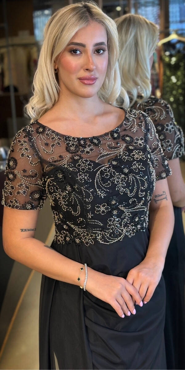 Siyah Kısa Kollu Yuvarlak Yaka Düz Kesim Tül Uzun Abiye Elbise 7730 - 3