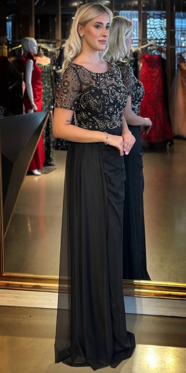 Siyah Kısa Kollu Yuvarlak Yaka Düz Kesim Tül Uzun Abiye Elbise 7730 - 2