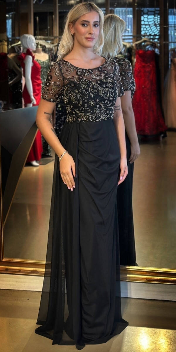 Siyah Kısa Kollu Yuvarlak Yaka Düz Kesim Tül Uzun Abiye Elbise 7730 - 1