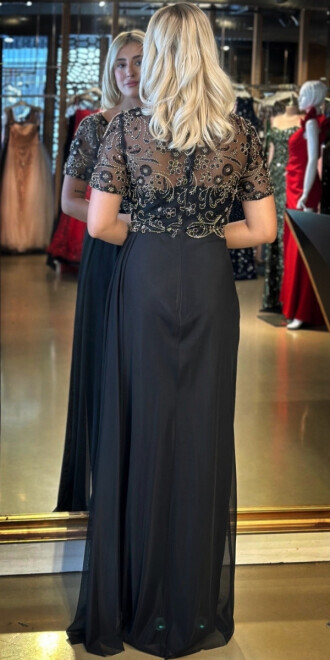 Siyah Kısa Kollu Yuvarlak Yaka Düz Kesim Tül Uzun Abiye Elbise 7730 - 5