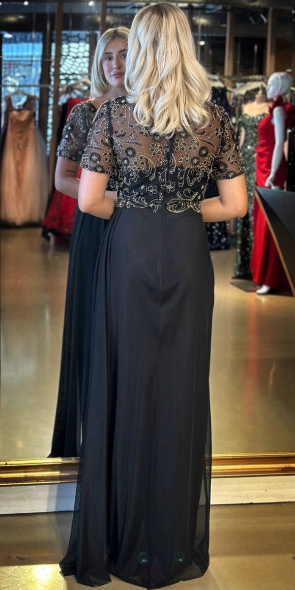 Siyah Kısa Kollu Yuvarlak Yaka Düz Kesim Tül Uzun Abiye Elbise 7730 - 5