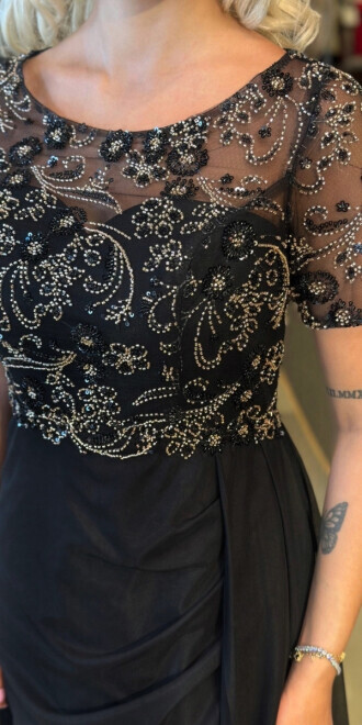 Siyah Kısa Kollu Yuvarlak Yaka Düz Kesim Tül Uzun Abiye Elbise 7730 - 4