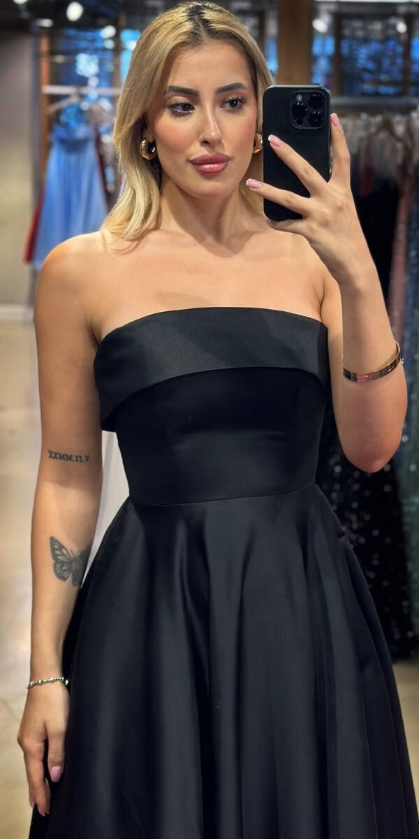 Siyah Straplez Yaka Kloş Etekli Saten Midi Abiye Elbise 7647 - 2