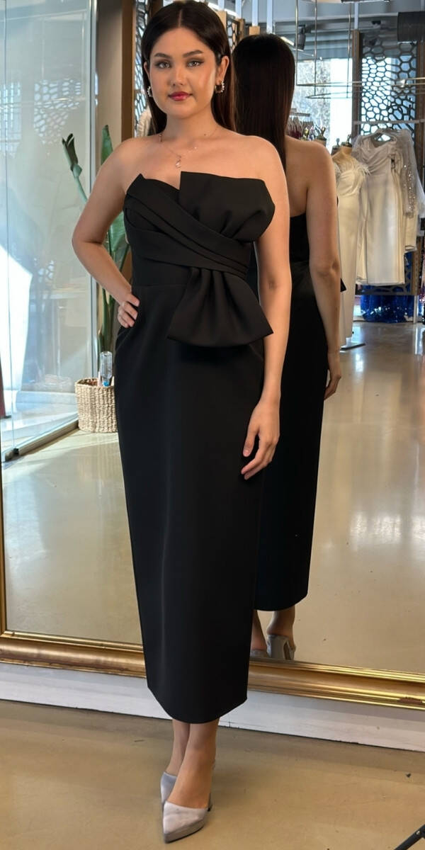 Siyah Kurdele Detaylı Yırtmaçlı Düz Kesim Krep Midi Abiye Elbise 7720 - 1
