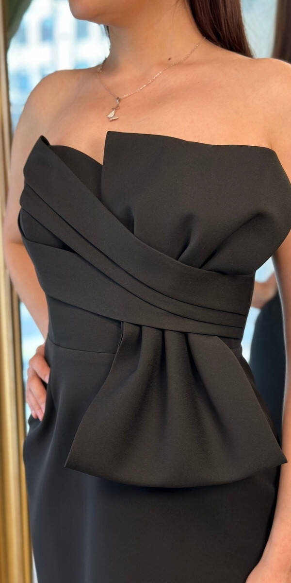 Siyah Kurdele Detaylı Yırtmaçlı Düz Kesim Krep Midi Abiye Elbise 7720 - 4