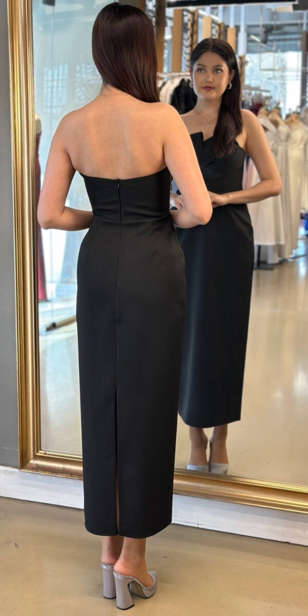 Siyah Kurdele Detaylı Yırtmaçlı Düz Kesim Krep Midi Abiye Elbise 7720 - 5