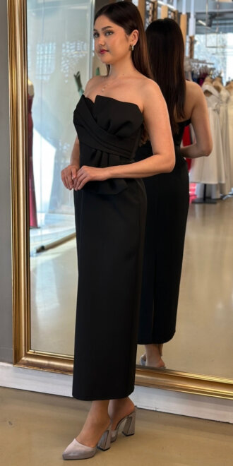 Siyah Kurdele Detaylı Yırtmaçlı Düz Kesim Krep Midi Abiye Elbise 7720 - 2