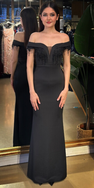 Siyah Madonna Yaka Boncuk İşlemeli Düz Kesim Krep Uzun Abiye Elbise 11011-02 - abiyeniall