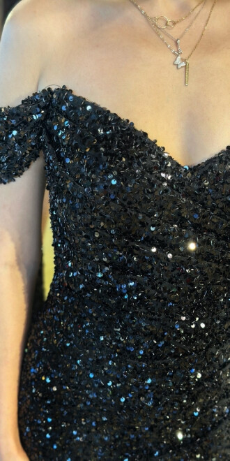 Siyah Madonna Yaka Düz Kesim Payet Uzun Abiye Elbise 11085 - 4