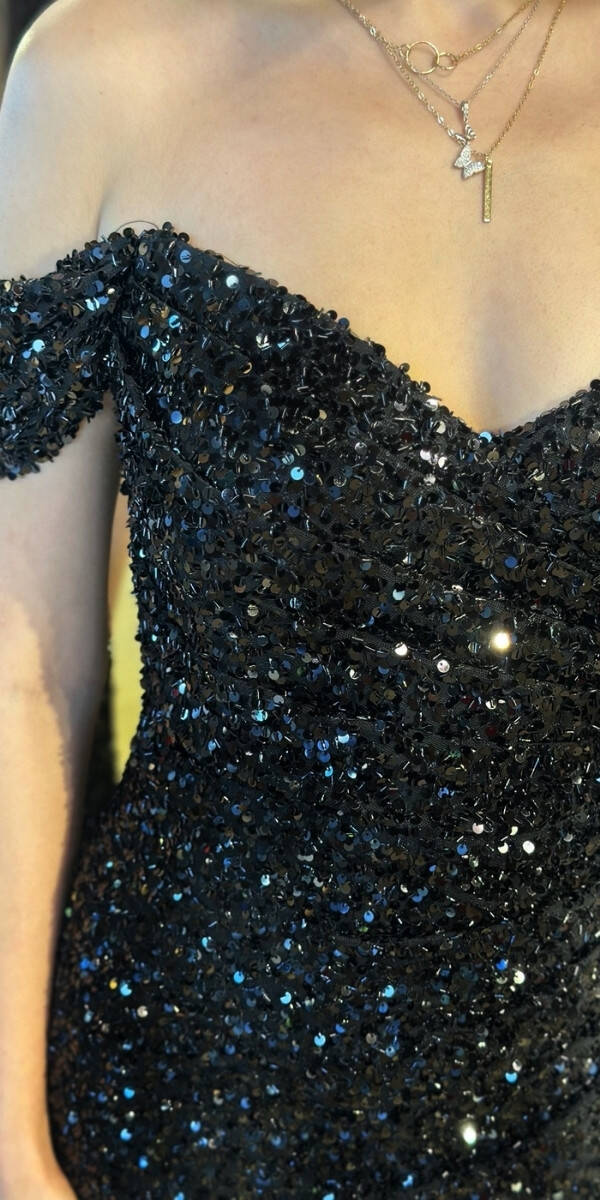 Siyah Madonna Yaka Düz Kesim Payet Uzun Abiye Elbise 11085 - 4