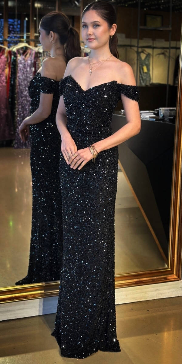 Siyah Madonna Yaka Düz Kesim Payet Uzun Abiye Elbise 11085 - 2