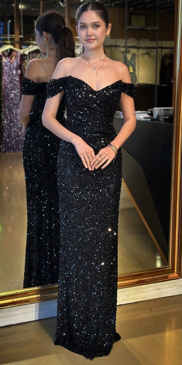 Siyah Madonna Yaka Düz Kesim Payet Uzun Abiye Elbise 11085 - 1