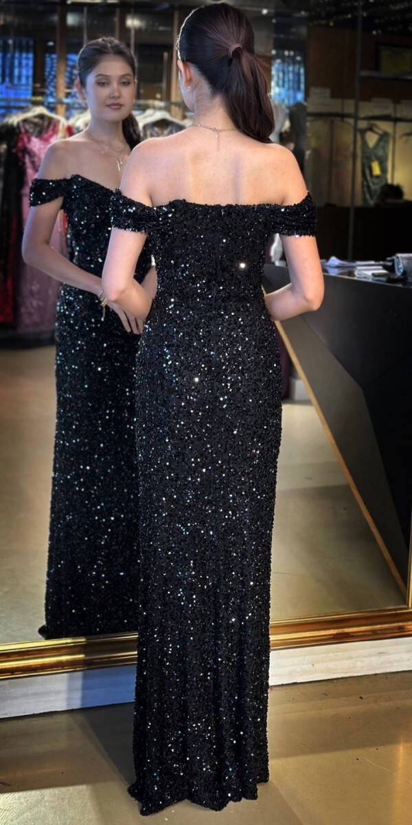 Siyah Madonna Yaka Düz Kesim Payet Uzun Abiye Elbise 11085 - 5