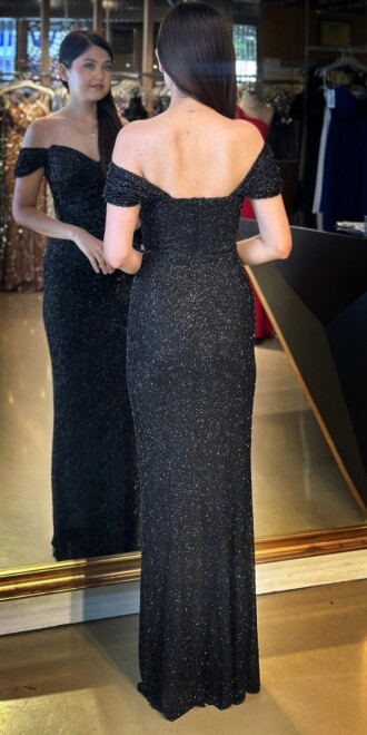 Siyah Madonna Yaka Düz Kesim Pullu Boncuklu Uzun Abiye Elbise 11023 - 5