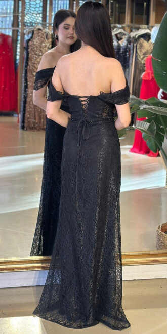 Siyah Madonna Yaka Sırt Dekolteli Düz Kesim Dantel Uzun Abiye Elbise 11181-02 - 5