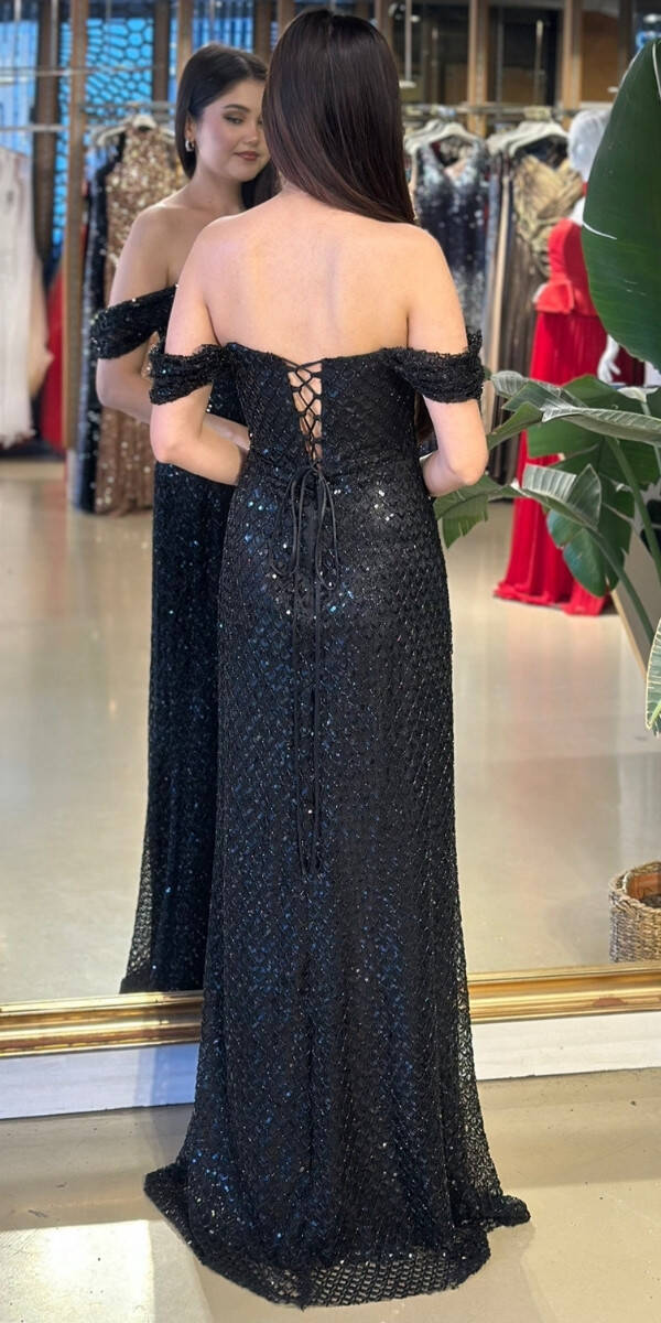 Siyah Madonna Yaka Sırt Dekolteli Düz Kesim Pullu Boncuklu Uzun Abiye Elbise 11180-02 - 5