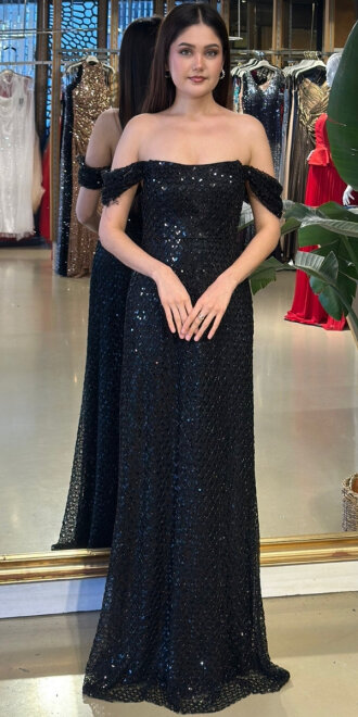 Siyah Madonna Yaka Sırt Dekolteli Düz Kesim Pullu Boncuklu Uzun Abiye Elbise 11180-02 - abiyeniall