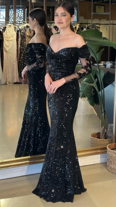 Siyah Madonna Yaka Uzun Kollu Pul Payet Uzun Abiye Elbise 11202-01 - 2