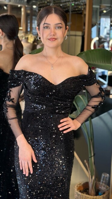 Siyah Madonna Yaka Uzun Kollu Pul Payet Uzun Abiye Elbise 11202-01 - 3