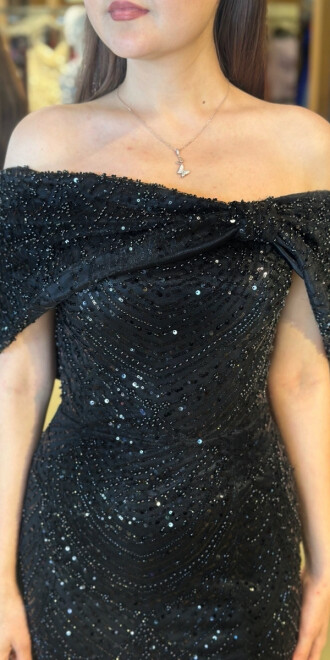 Siyah Madonna Yaka Yırtmaçlı Düz Kesim Pullu Boncuklu Uzun Abiye Elbise 11026 - 4