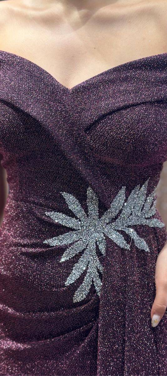 Siyah Rose Madonna Yaka Taş Detaylı Yırtmaçlı Düz Kesim Simli Uzun Abiye Elbise 7566 - 4