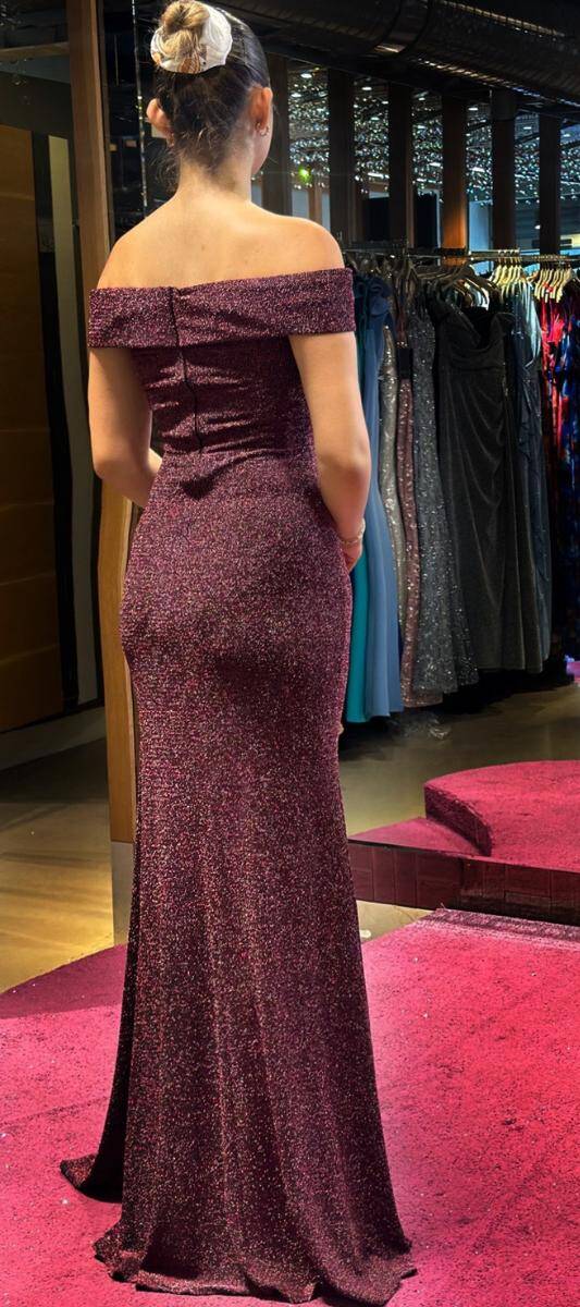 Siyah Rose Madonna Yaka Taş Detaylı Yırtmaçlı Düz Kesim Simli Uzun Abiye Elbise 7566 - 5