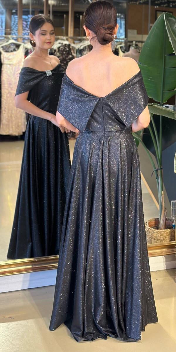 Siyah Simli Kloş Uzun Abiye Elbise 11007-2 - 2