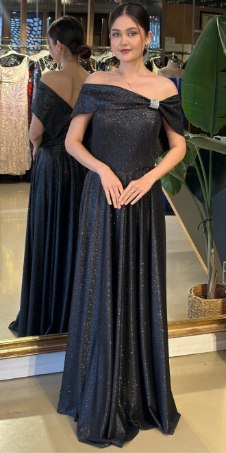 Siyah Simli Kloş Uzun Abiye Elbise 11007-2 - abiyeniall