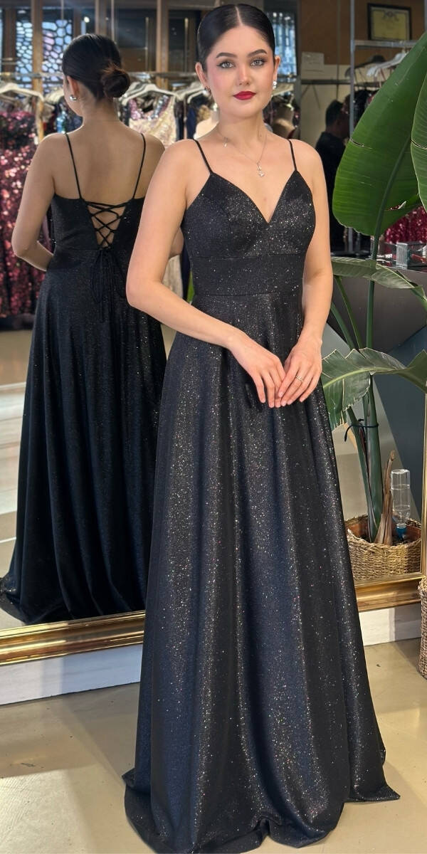 Siyah Simli Uzun Abiye Elbise 6885 - 1