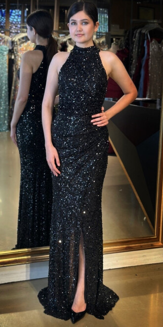 Siyah Stefanel Yaka Yırtmaçlı Düz Kesim Payet Uzun Abiye Elbise 7781 