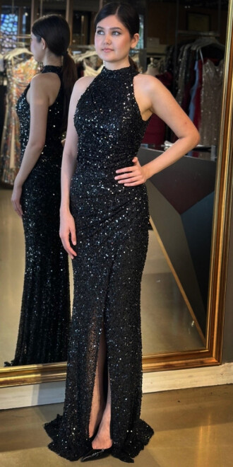 Siyah Stefanel Yaka Yırtmaçlı Düz Kesim Payet Uzun Abiye Elbise 7781 - 2