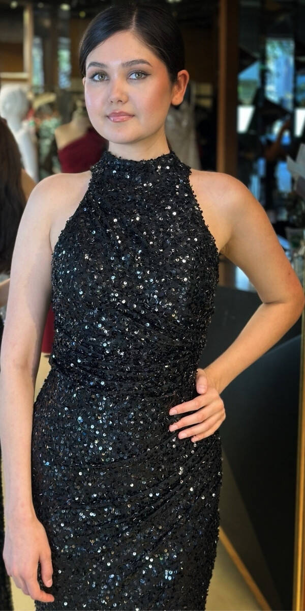 Siyah Stefanel Yaka Yırtmaçlı Düz Kesim Payet Uzun Abiye Elbise 7781 - 3