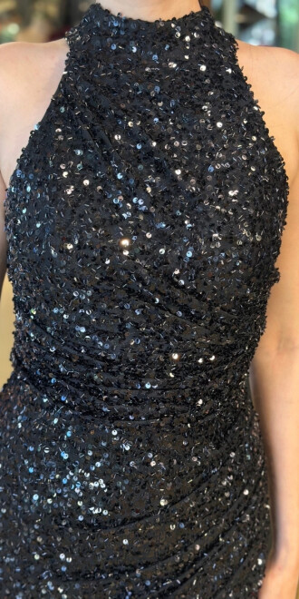 Siyah Stefanel Yaka Yırtmaçlı Düz Kesim Payet Uzun Abiye Elbise 7781 - 4