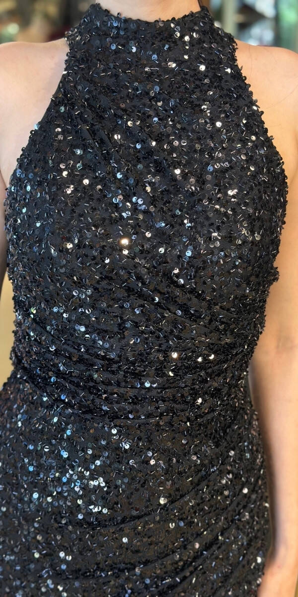 Siyah Stefanel Yaka Yırtmaçlı Düz Kesim Payet Uzun Abiye Elbise 7781 - 4